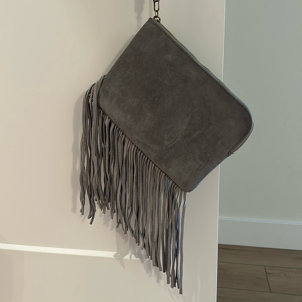 Street Level Gray Fringe Clutch